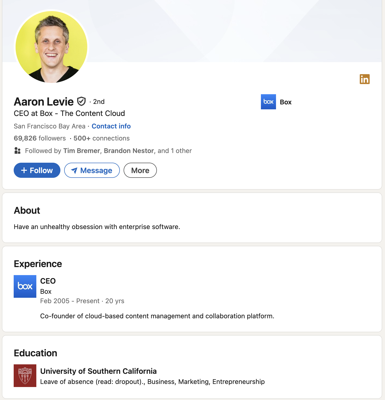 Screenshot of Aaron Levie's sparse Linkedin page.